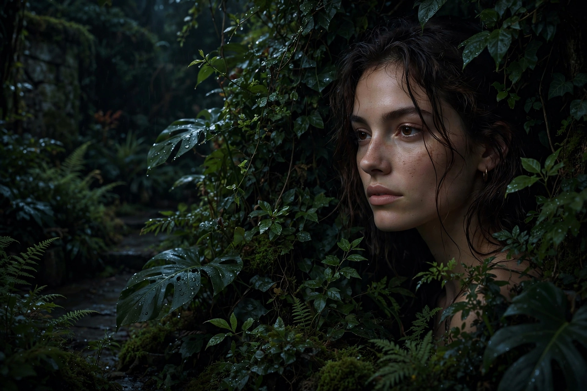Woman's face in a lush dark garden
