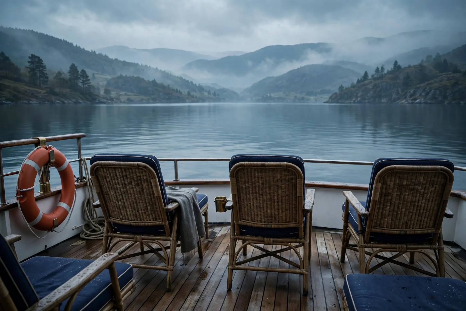Empty seats on a boat with a scenic view