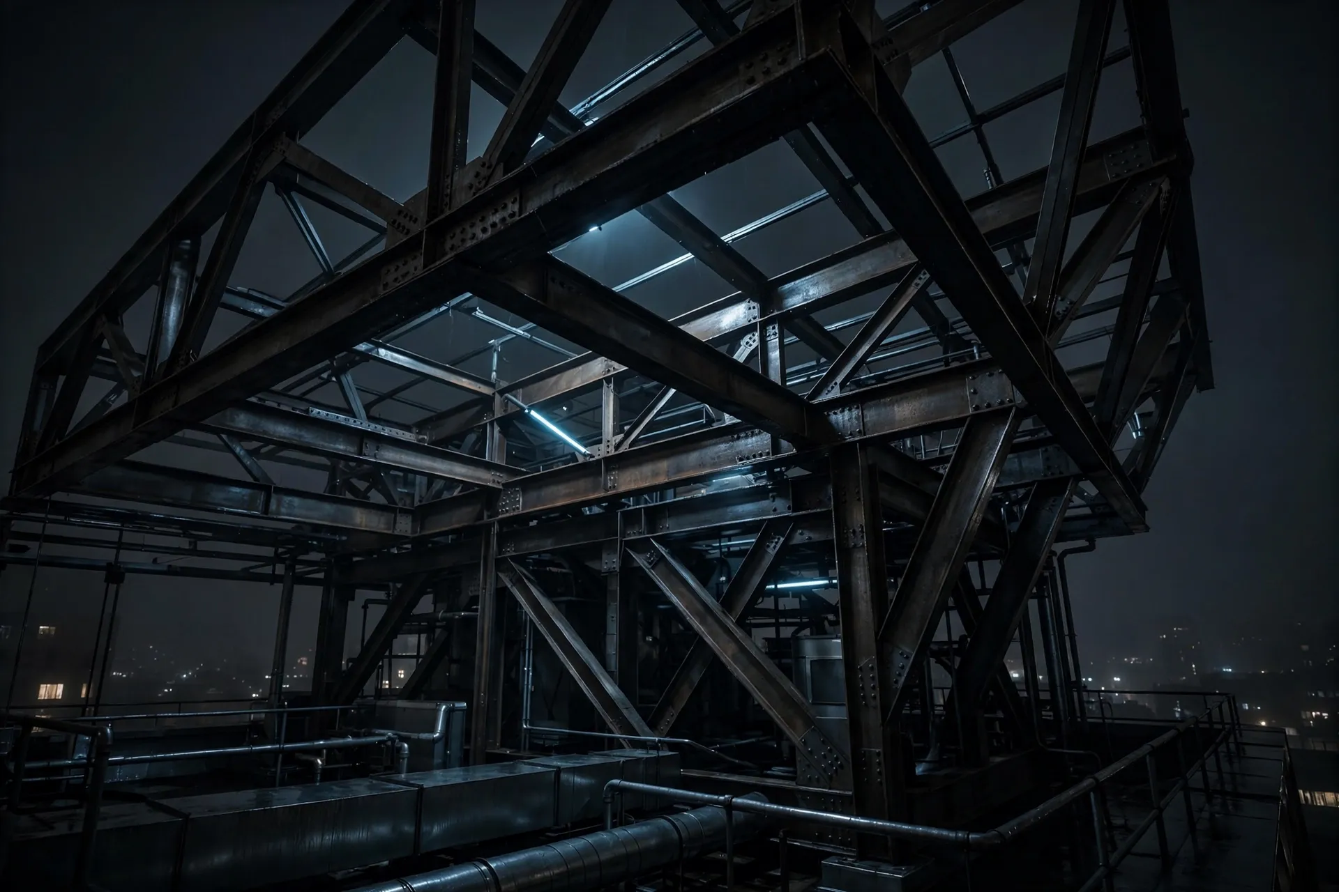 Dark architectural metal rooftop at night