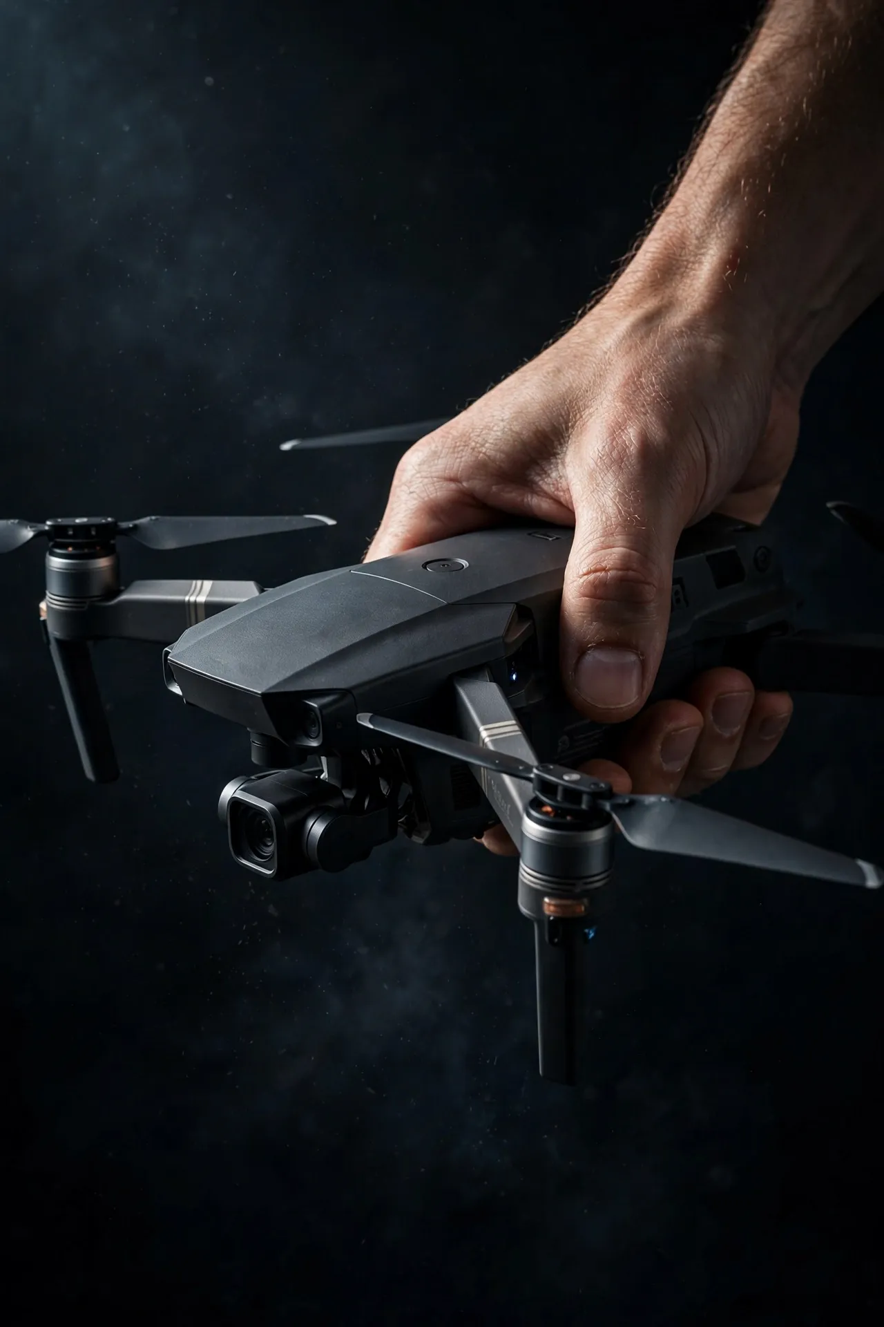 Hand holding a black quadcopter drone