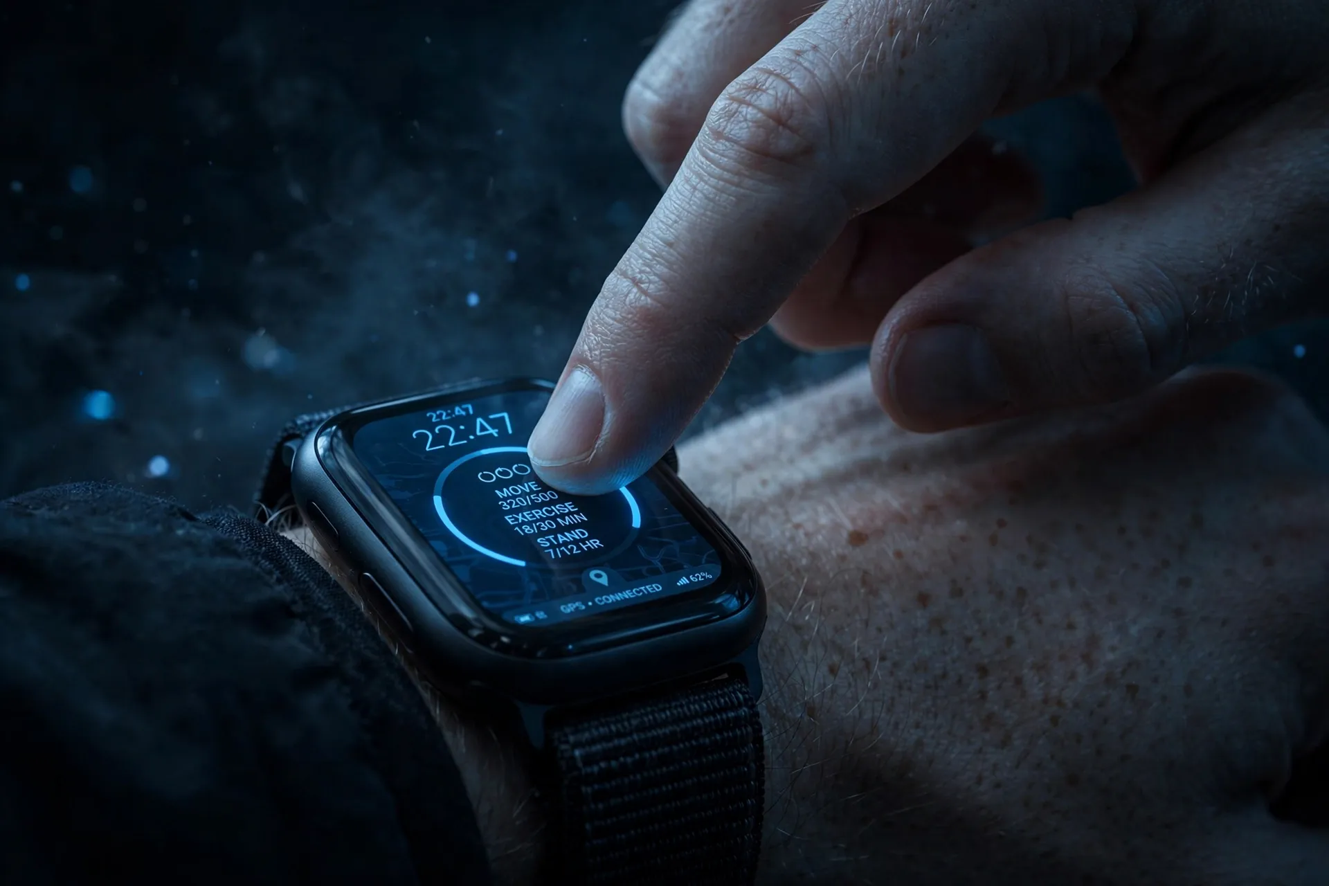 Hand touching a smartwatch in cool blue tones